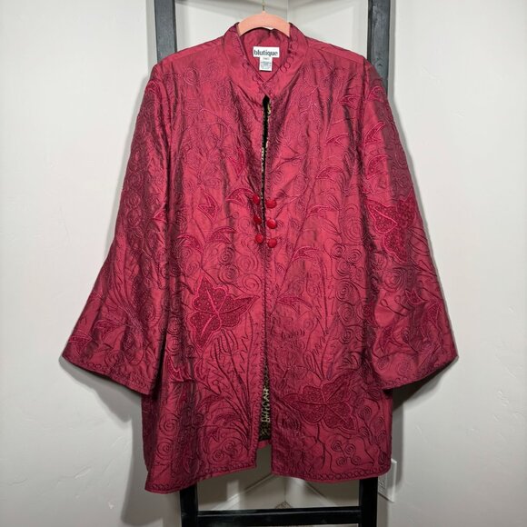 Bisou Bisou Jacquard Longline Jacket / Coat – Red with Leopard Print Lining 🐆❤️ - Picture 1 of 8